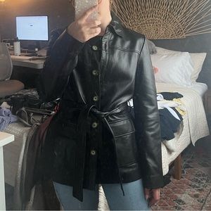 Genuine Leather Tie Waist Belt Jacket